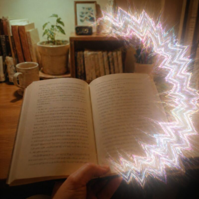閃輝暗点の見え方のイメージ。読書中に視野の右側へギザギザの光が広がる様子